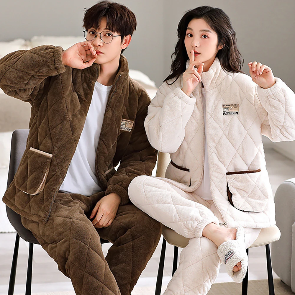 Antistatic 3-layer Super Thicken Warm Hooded Couple Sleepwear for Sleeping Men's Winter Pajamas Set Comfortable Pijama Hombre