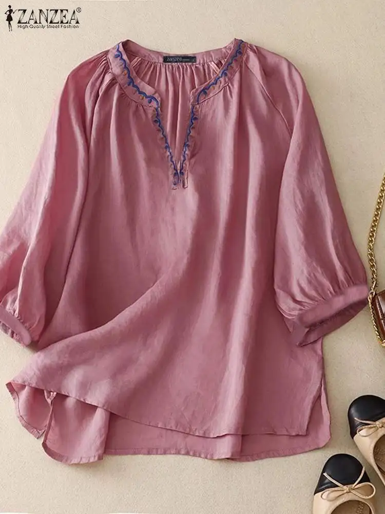 

2023 Autumn Women Blouse ZANZEA Fashion Casual Loose V-neck Tops 3/4 Puff Sleeve Shirts Vintage Cuff Embroidery Slit Tunic Femme