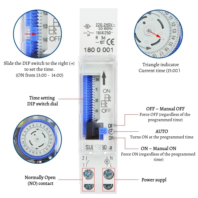 기계식 타이머 스위치 SUL180A 220-240VAC 0.5W 24시간 시간 컨트롤러 석영 타이머 DIN 레일 마운트 산업용 타임 스위치