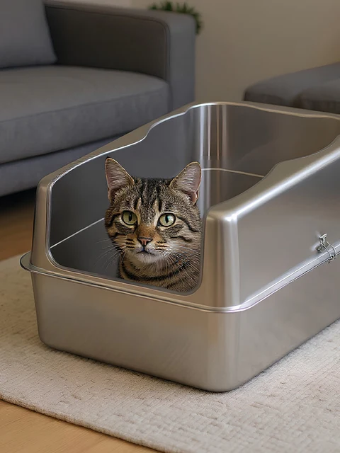 Extra Large Cat Litter Box with Lid Top Entry Litter Pan High Sided Top Exit Metal Cat Pan Anti-Urine Leakage for Big Cats Kitty 5