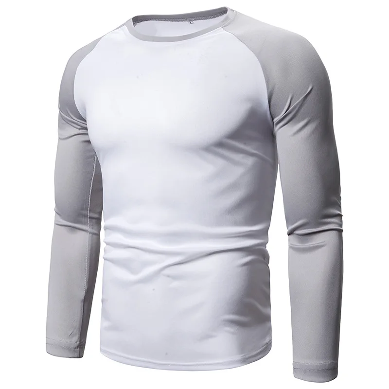 

2024 European and American men's new color blocking long sleeved patchwork round neck T-shirt 4460