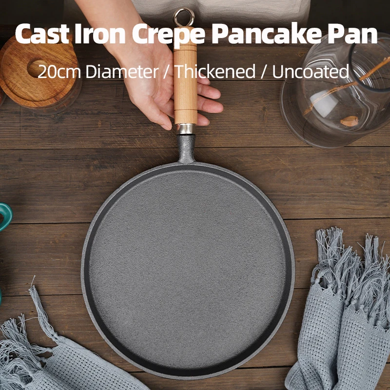 

20cm Thickened Uncoated Cast Iron Crepe Pancake Pan with Handle Omelet Pan Frying Steak Pan Crepe Maker Gas Induction Universal