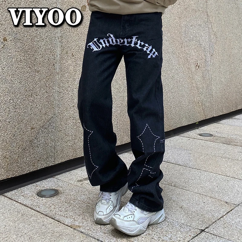 Men's Harajuku Retro Letter Embroidery Pattern Baggy Gothic Y2K Ripped Jeans For Men Casual Straight Denim Trousers Pant For Men