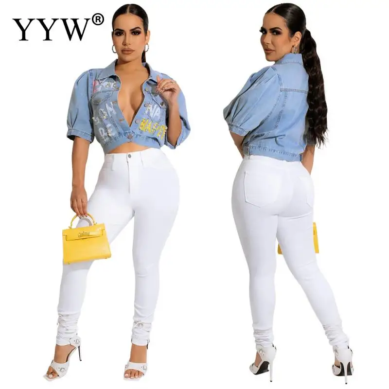 2024 Women's Streetwear Denim Jackets Top Summer Fashion Single Breasted Print Y2k Short Sleeve Denim Jacket Female Clothing