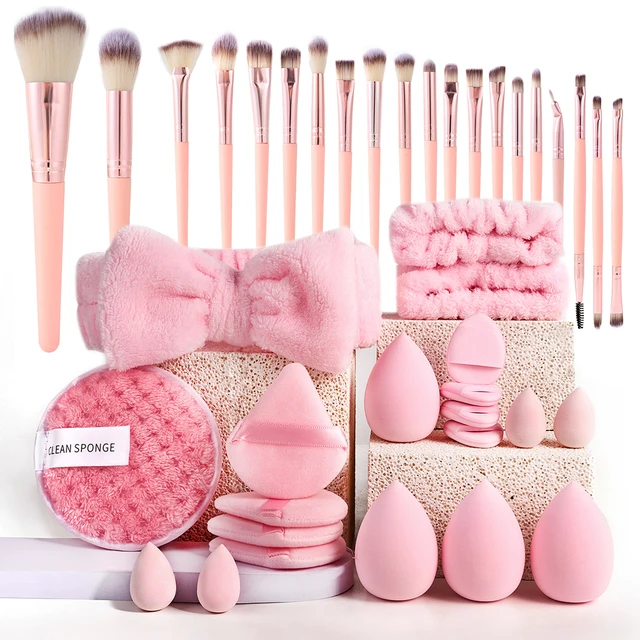 Makeup Brushes and Sponges Set, Pink Makeup Puff, Beauty Egg, Headband, Wristband Remover Kit, Makeup Tool, Gift 12-40pcs