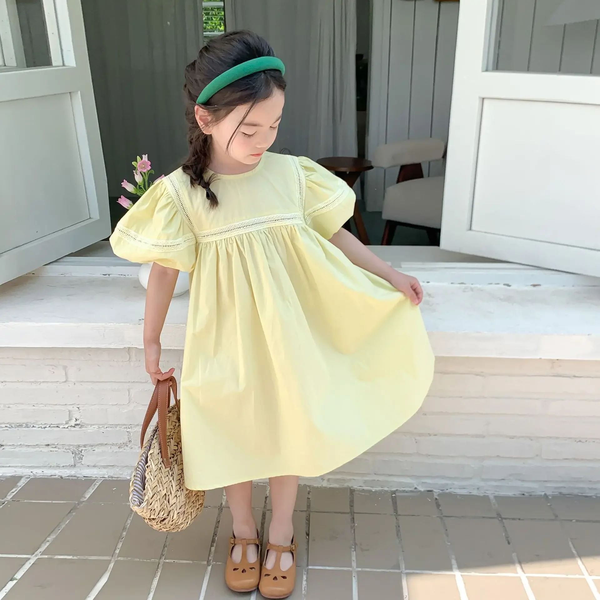Summer 2-7 Year Korean Baby Girls Dress Puff Short Sleeve Solid Color Princess Children Girls Dress Draped Kid