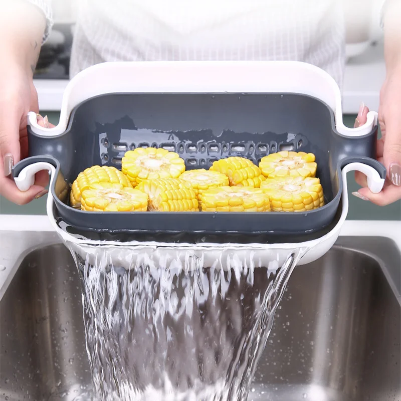 Square Double-layer Rotatable Vegetable Drain Basket  Fruit Basket with Handle Collapsible Drainer Kitchen Tool Sink Filter
