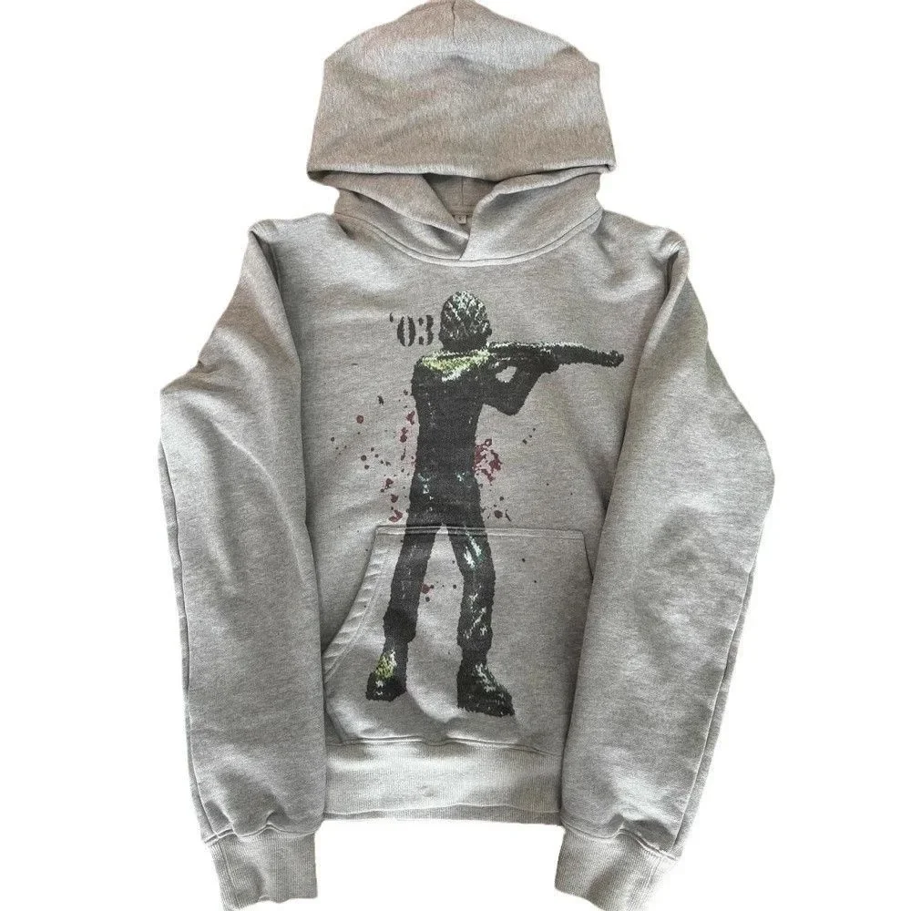 Y2k Grey Hip-Hop Pattern Printed Hooded Pullover Men And Women New Fashion Trend Retro Personality Loose Oversize Streetwear