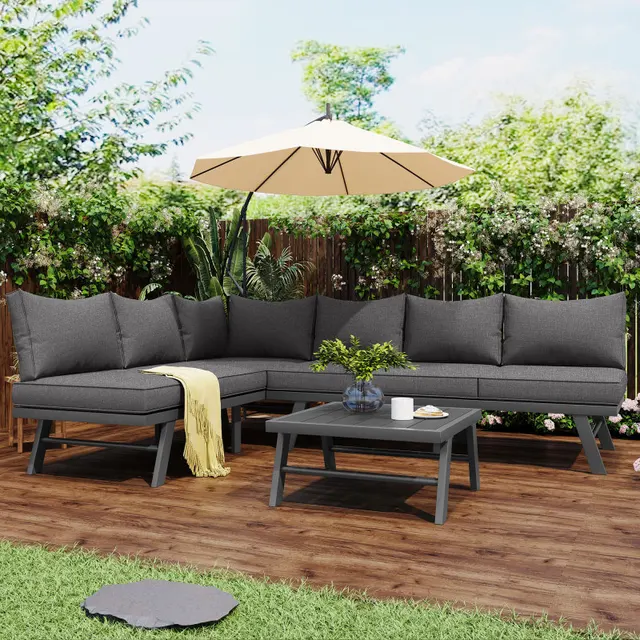 Set di mobili da giardino, set di poltrone per 5-6 persone, divani 2-3 posti, 1 tavolo, inclusi 7 cuscini grigi, ferro zincato 3