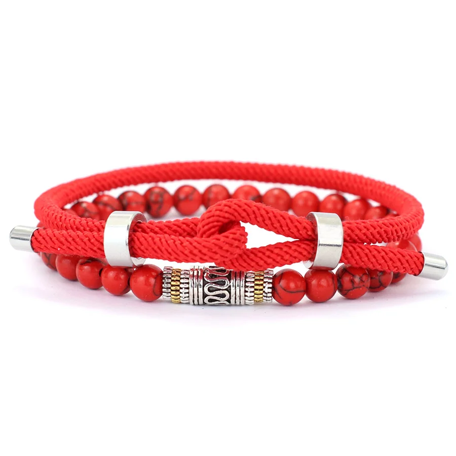 Men Bracelet Set 4mm Rope Charm Lava Onyx Stone Beaded Good Luck Red Cord