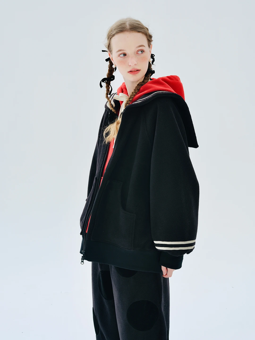 IMAKOKONI original design autumn and winter warm long sleeve cardigan black velvet thick coat for women 234293