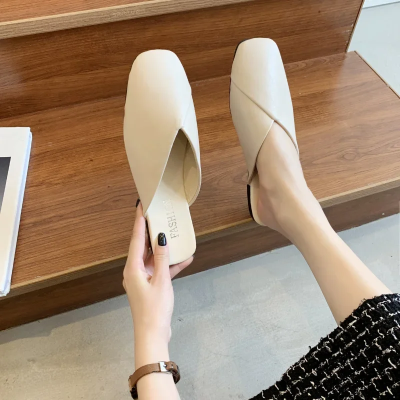 Women Mules 2024 Summer Elegant Square Closed Toe Flat Slippers Female Shoes Casual Leather Black White Slides Plus Size 35-43 1