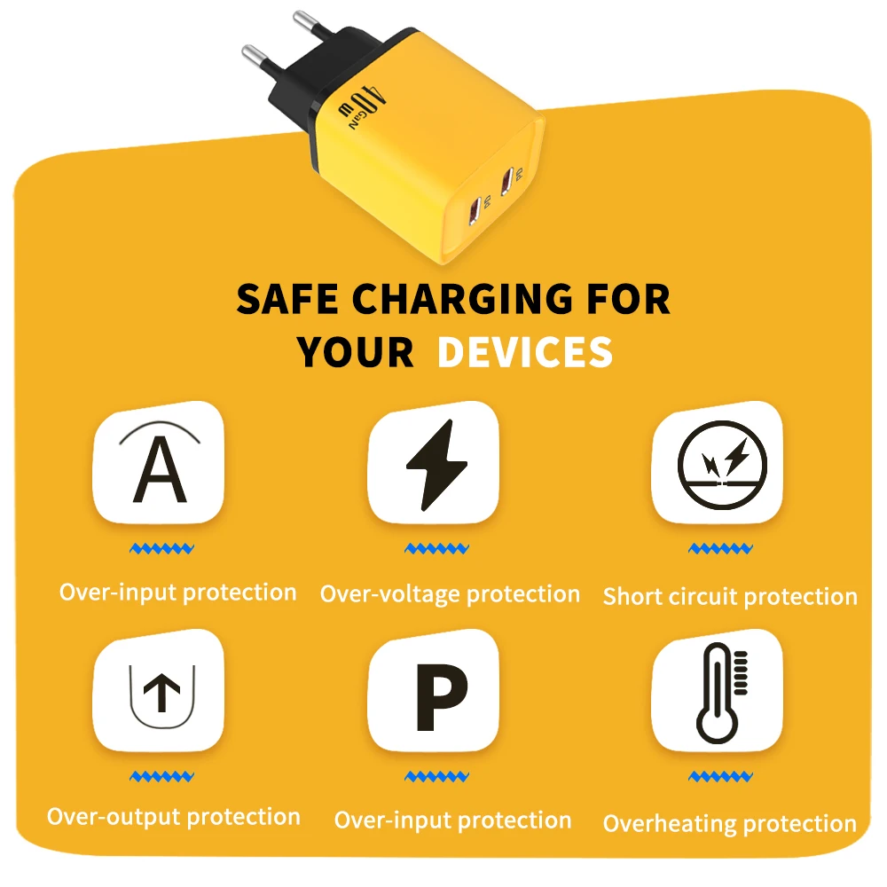 40W GaN Dual PD Ports Fast Charging Type C Wall Charger Adapter For iPhone 15 14 Xiaomi Samsung Quick Charge 3.0 Phone Charger