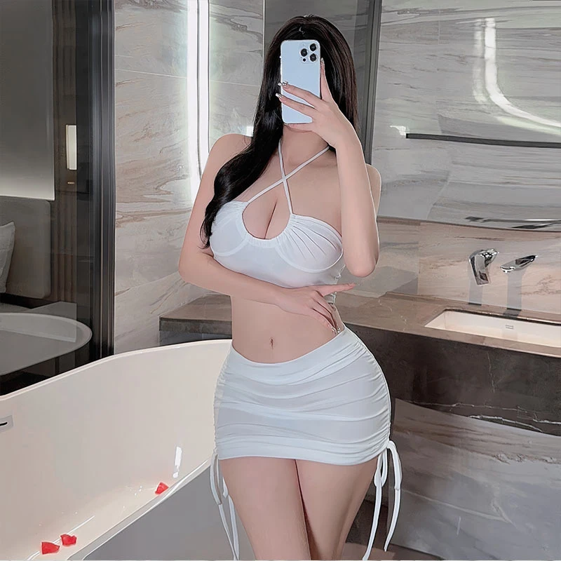 2025 New Ladies' sexy deep V-neck pajamas with drawstring hip hugging skirt hot and passionate suspender two-piece underwear set