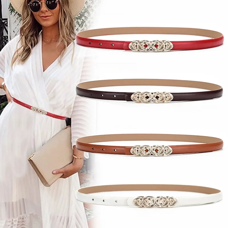 

Women's Fashion Skinny Cowhide Leather Belts Thin Waist Belt With Gold Solid Color Twist Plaque Buckle Waistband