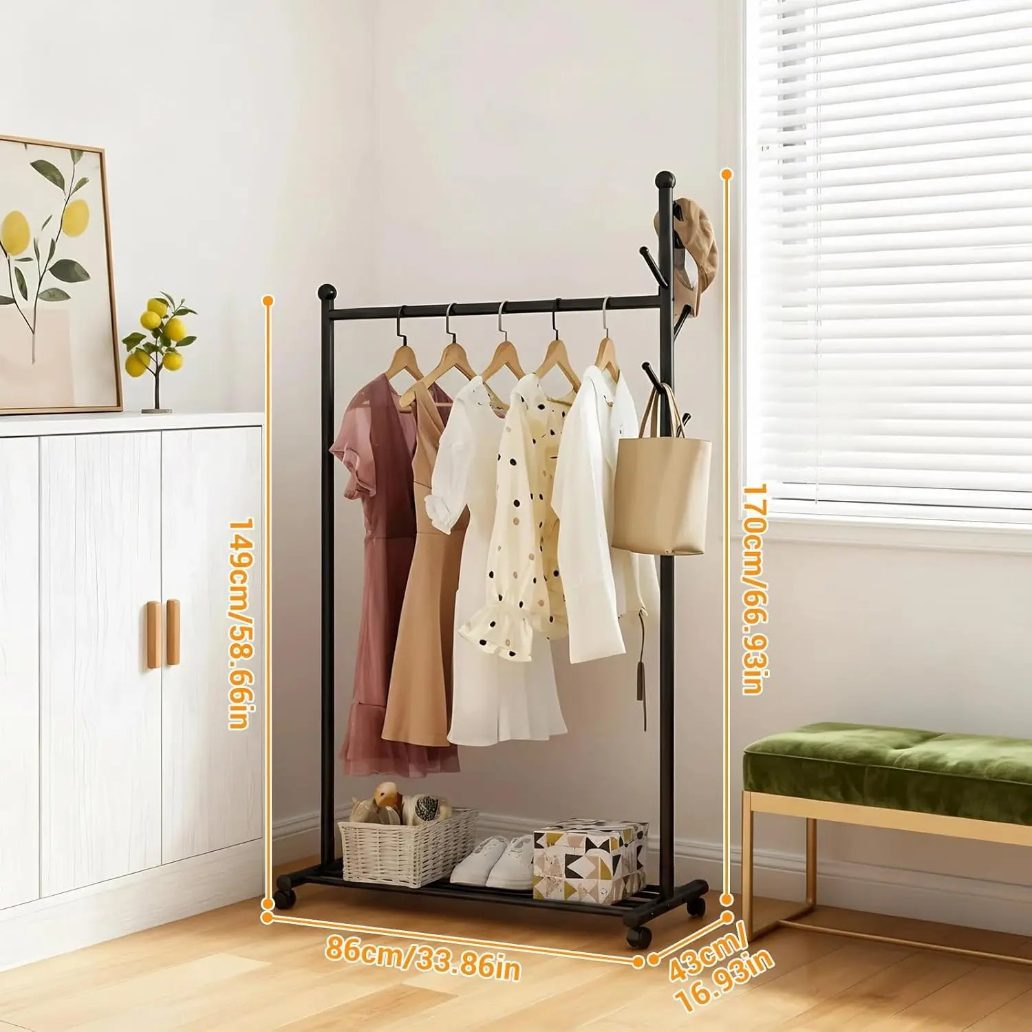 Tragbarer Kleiderständer auf Rollen, Schlafzimmer-Metall-Kleiderstange mit Schuhregal, Kleideraufhängung und Organisationsfach – Detail 9