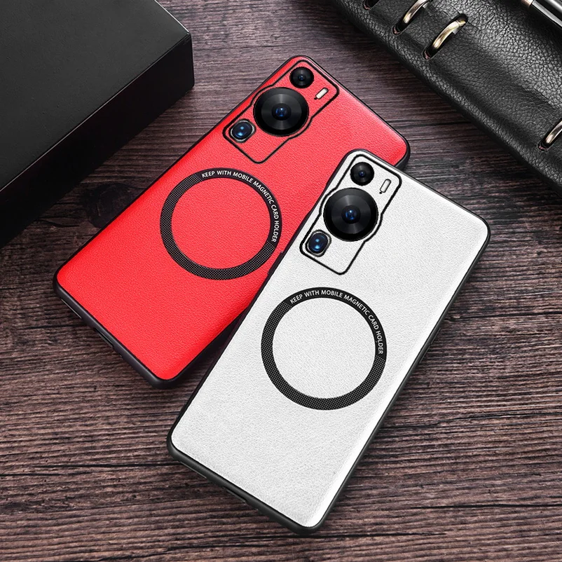 

For Huawei P60 Magsafe PU Leather Wireless Charging Protective Back Cover Case for Huawei P60 Phone Case White Huawei P60 Pro