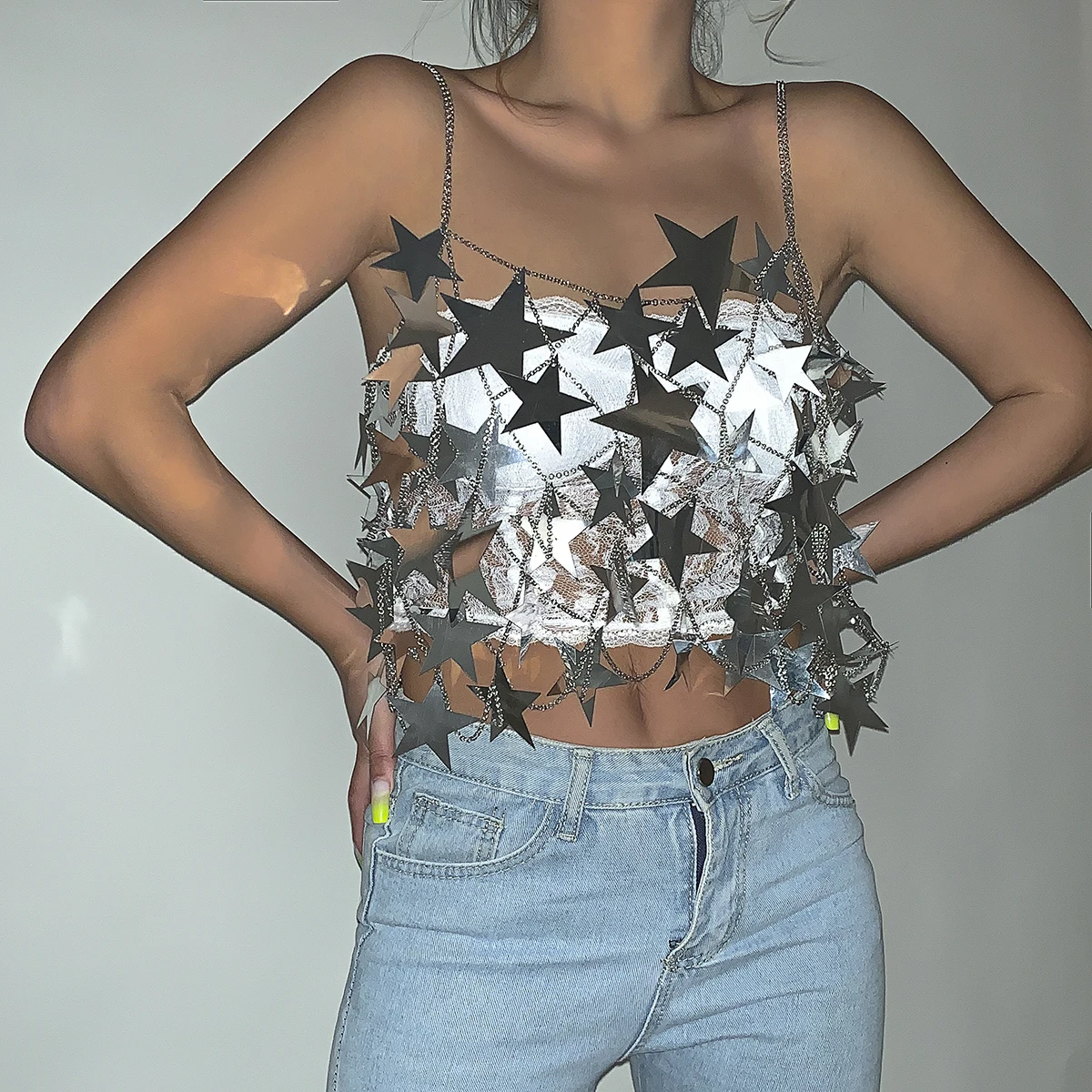 IngeSight.Z Sexy Star Sequins Hollowed-out Body Chain For Women Mini Top And Skirt Bras Chain Bikini Chain Nightclub Party