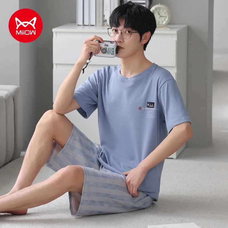 MiiOW KY-5204 Men's Summer Pajamas Set Short Sleeve O-Neck Cotton Breathable L-3XL