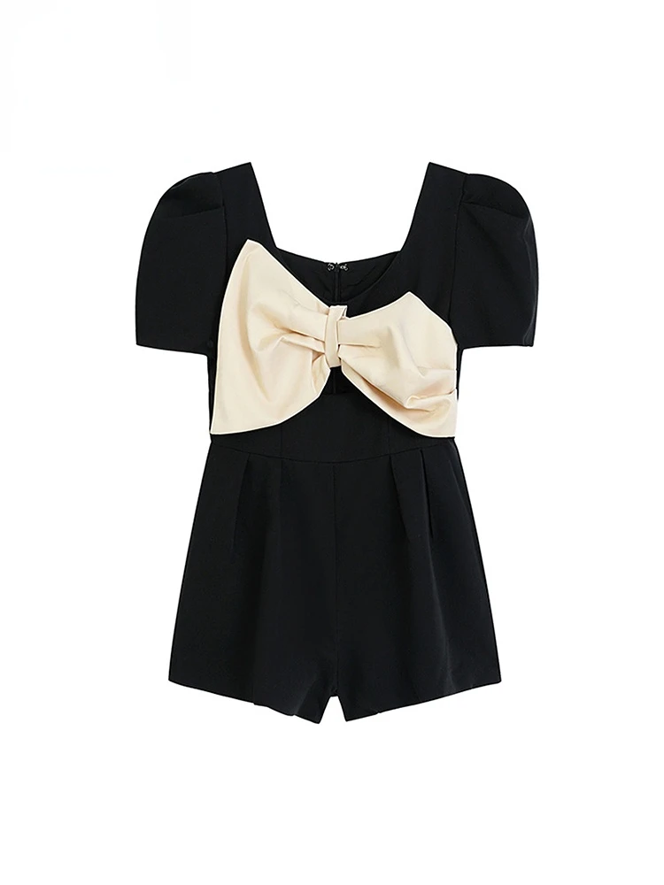 

V-neck Puff Sleeve Women Black Rompers 2023 Fashion New Bow Decoration Female Short Playsuits A-line High Waist Vintage Simple