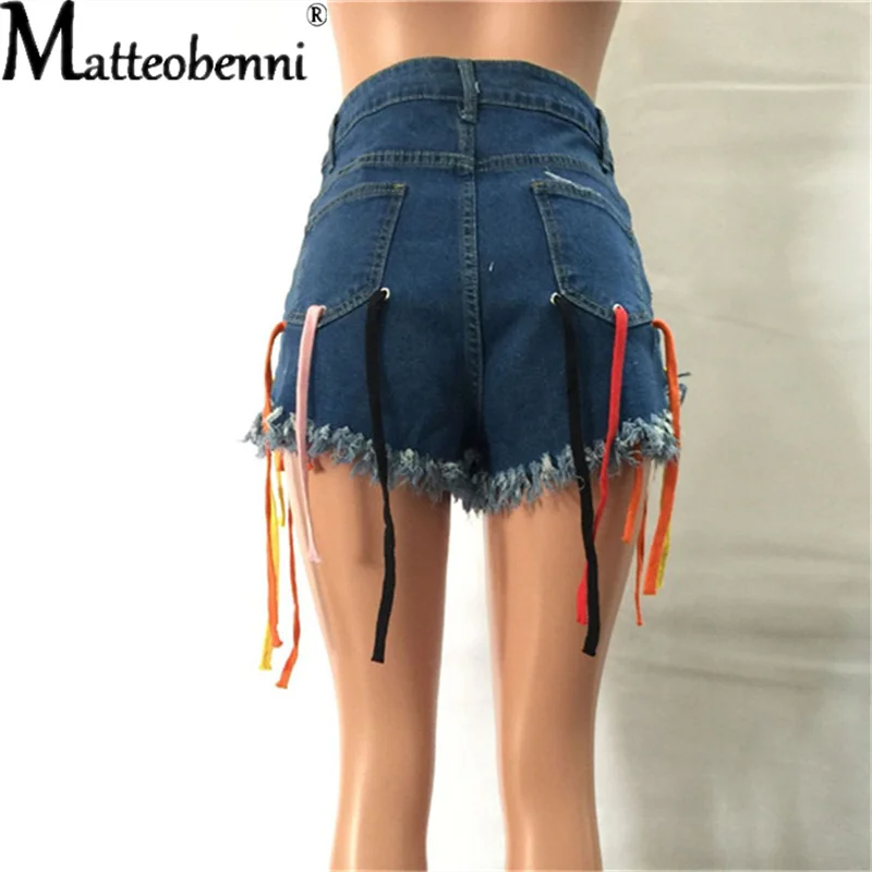 2022 Summer New Women's Sexy Eyelet Color Rope Personality Tassel Denim Shorts Ladies Casual High Waist Street Jeans Shorts