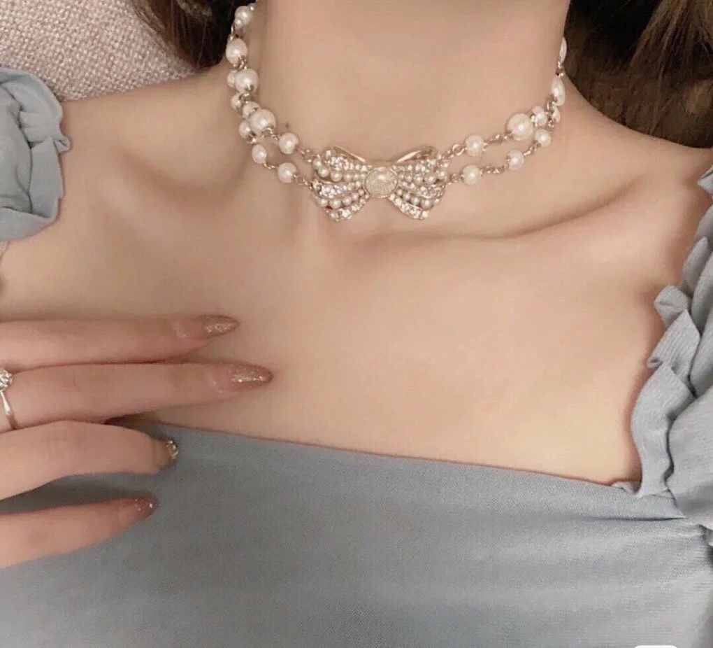 2022 Hot Trend Brand Bow Knot Pearl Diamond Inlaid Double Row Chain Necklace Jewelry Sterling Silver Seiko Customization
