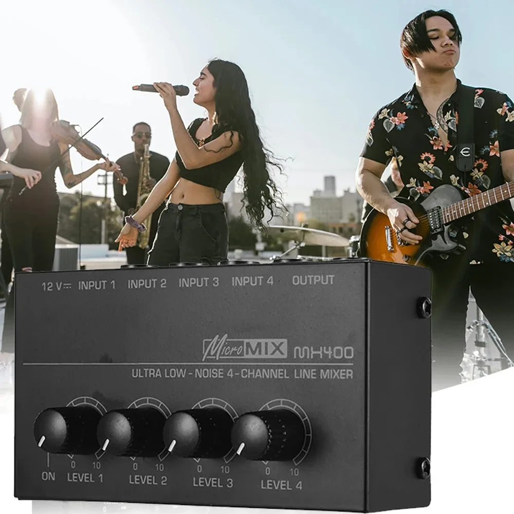 4채널 라인 믹서 미니 사운드 믹서 DC 12V 간편 작동 오디오 믹서 초저소음 4 입력 1 출력 전원 어댑터 포함