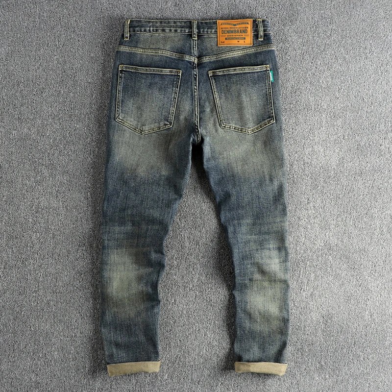 High street heavy vintage blue water wash old jeans men fit small straight leg trend youth long pants classic pants
