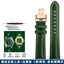 Elegant Green Leather Watch Strap with Butterfly Clasp - Soft Cowhide Band & Tool Included - 20mm (C- gold butterfly)