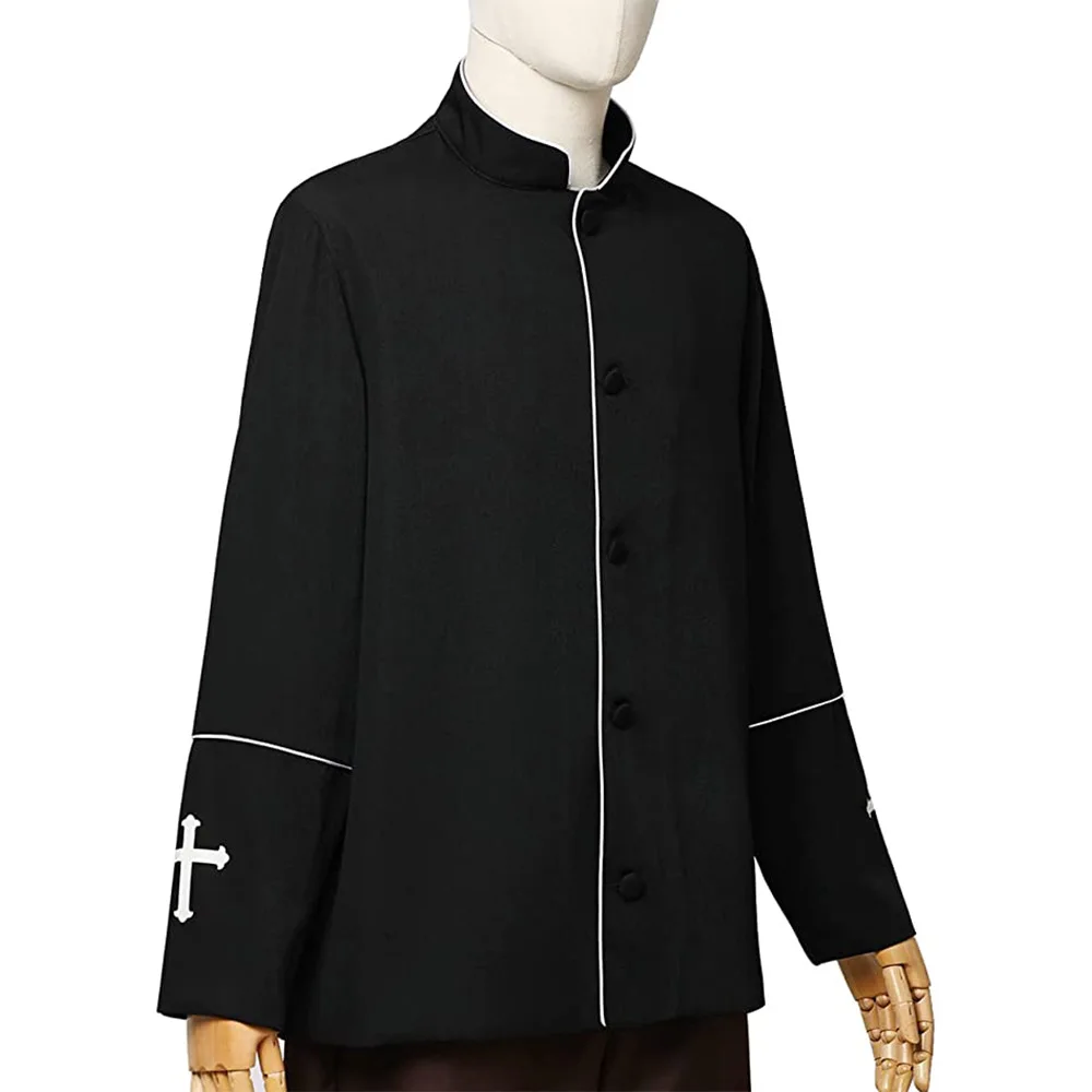 Men Stand Collar Church Priest Robe Trench Jacket Cassock Clergy Preacher Minister Choir Roman Pastor Halloween Costume