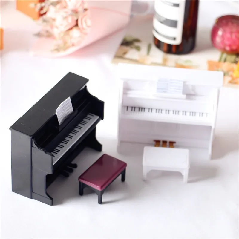 Miniature Piano Set 1/12 Dollhouse Mini Musical Piano with Stool Score Instrument Model for Kids Gift Home Decoration