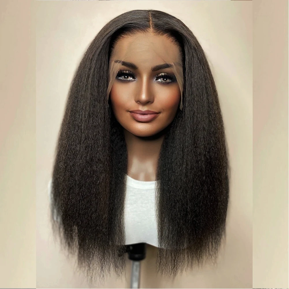 Long 26Inch Yaki Straight Natural Black Lace Front Wig Soft For Black Women With Synthetic Preplucked Glueless Baby Hair Daily