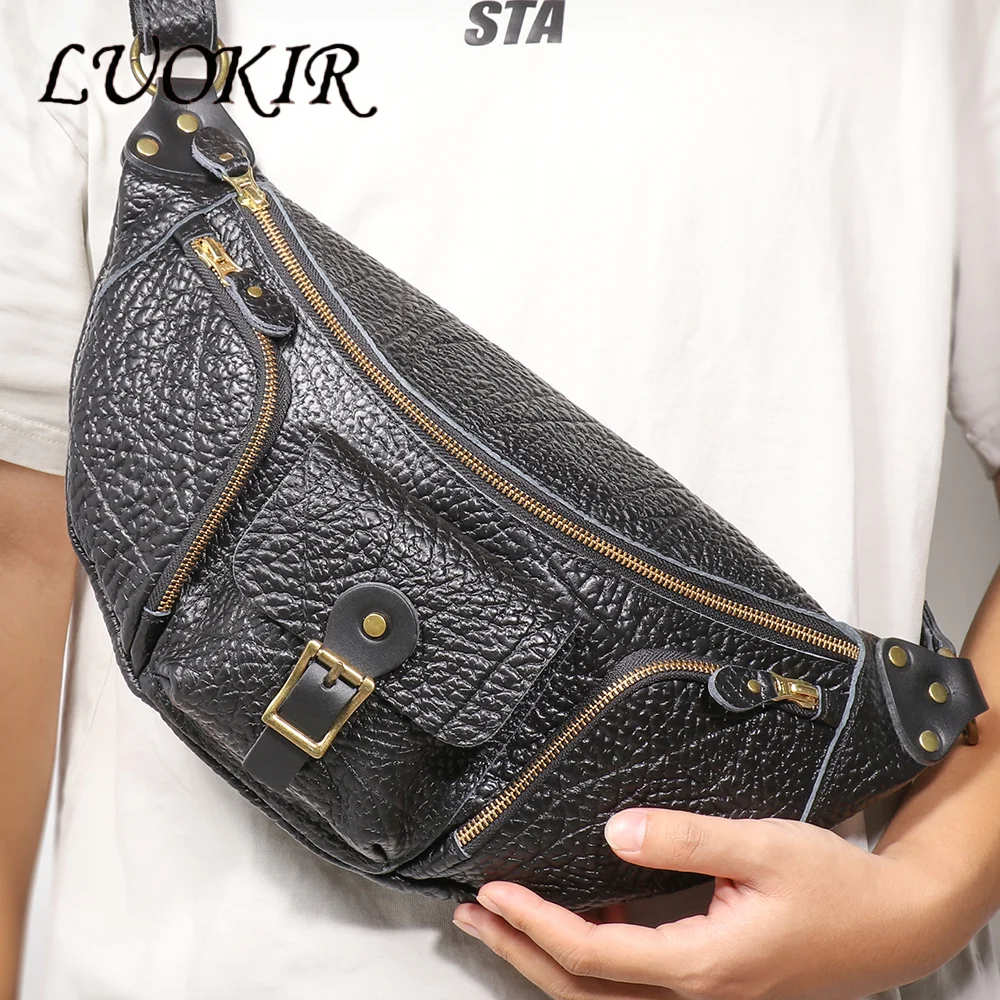 LUOKIR Bison Leather Men's Chest Bag Outdoor Commuting Casual Leather Waist Bag Top Layer Cowhide Personalized Motorcycle Bag