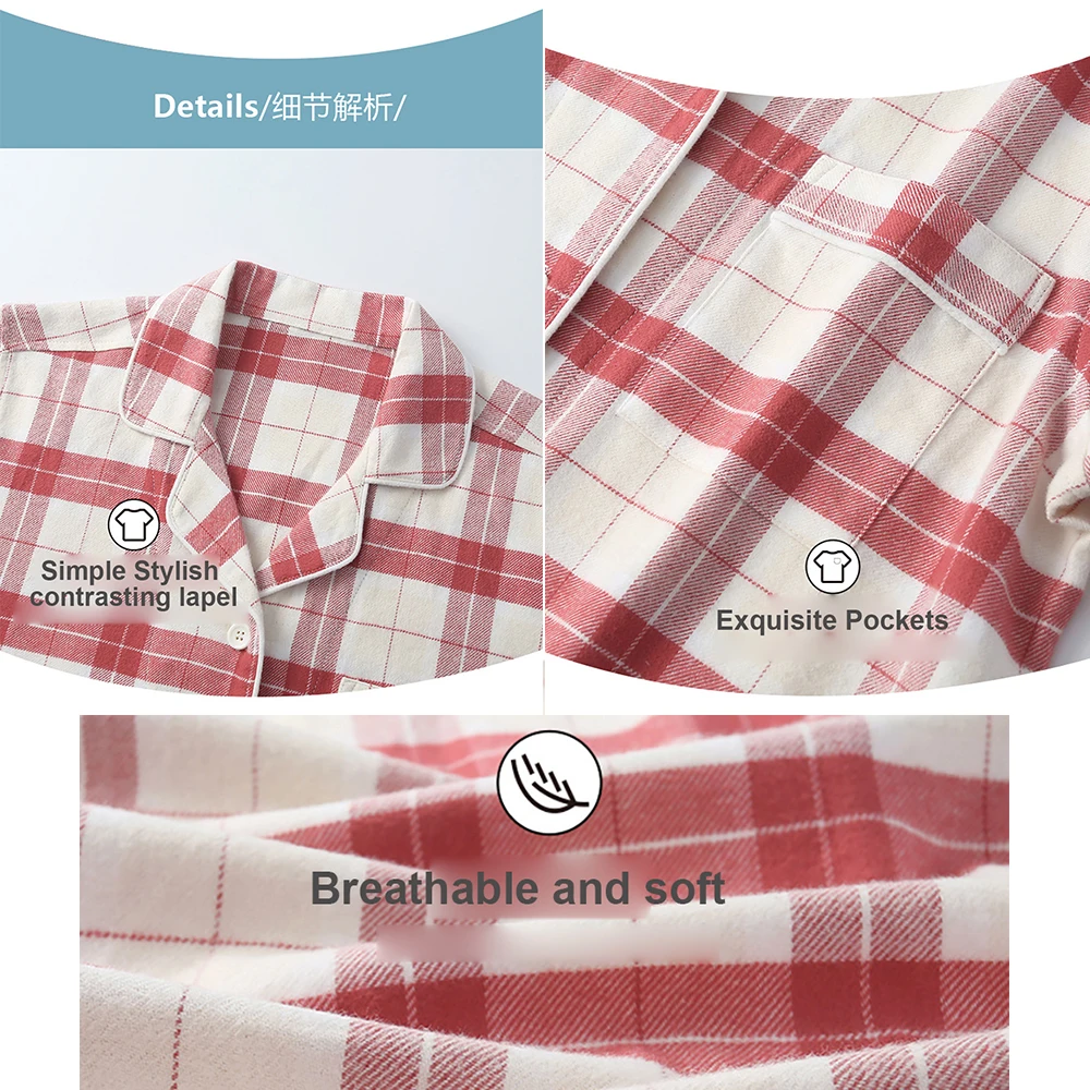 Autumn Winter Comfortable 100% Cotton Pajamas Set for Couples Double Layer Gauze Plaid Couple Sleepwear Soft Loose pijama hombre