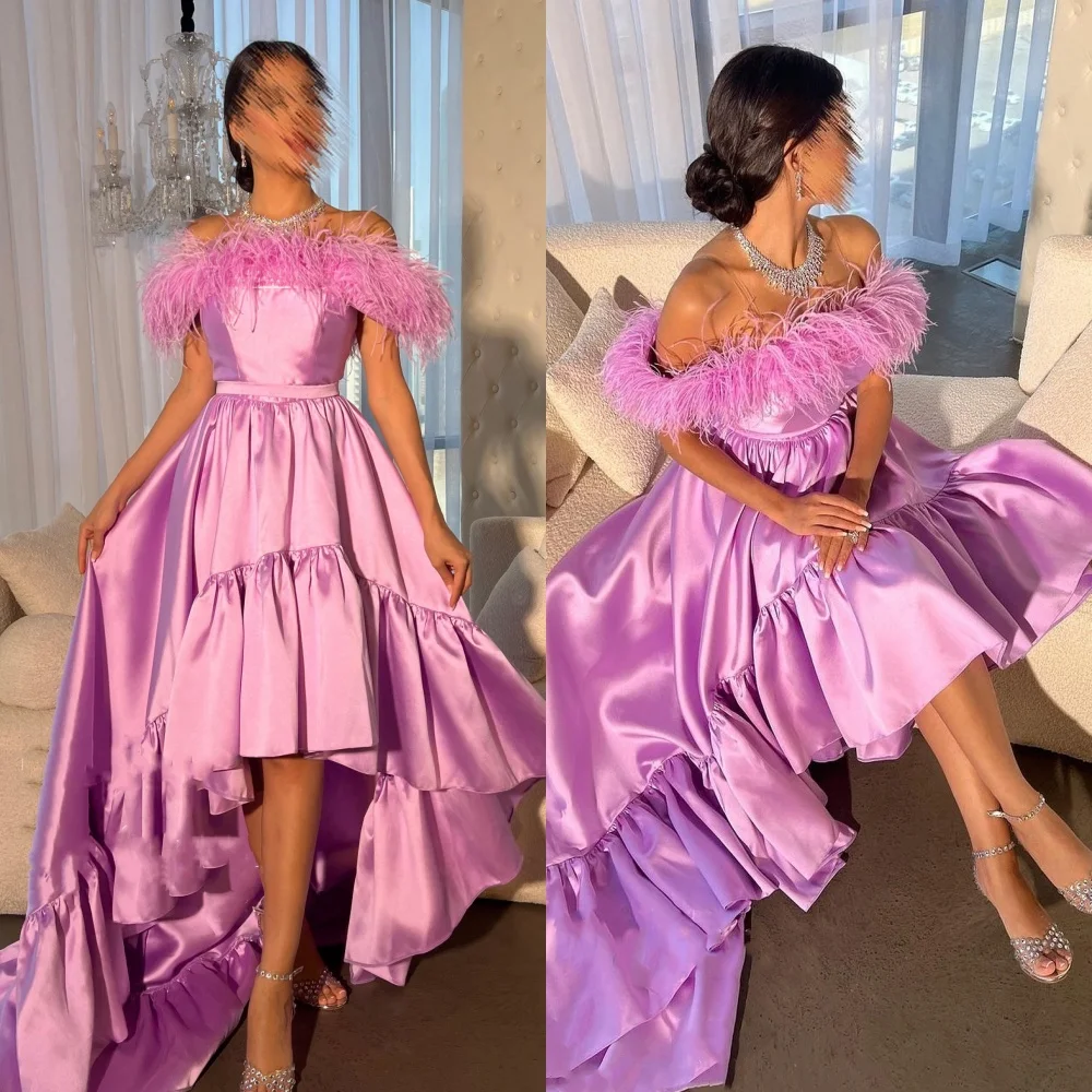 

Modern Style Off the Shoulder Ball Gown Feathers Tiered Floor-Length Satin Bespoke Occasion Dresses Evening