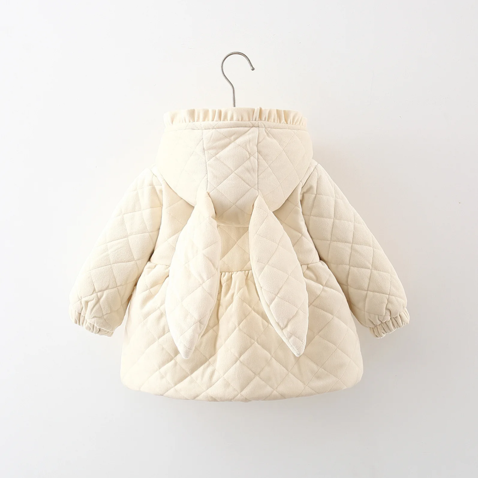 Winter New Girls' Coat Padded Padded Jacket Thick and Fluffy Warm Jacket Hooded Rabbit Ears Lace Pleated Long Sleeve