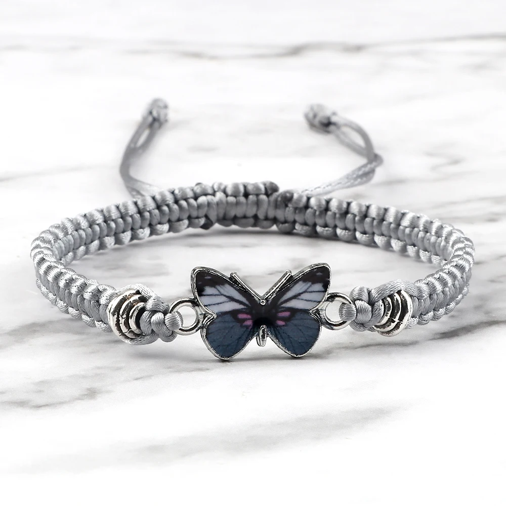 Pulsera de moda de mariposa gris, cadena de cuerda trenzada clásica blanca y negra, pulseras hechas a mano para mujeres y hombres, joyería ajustable