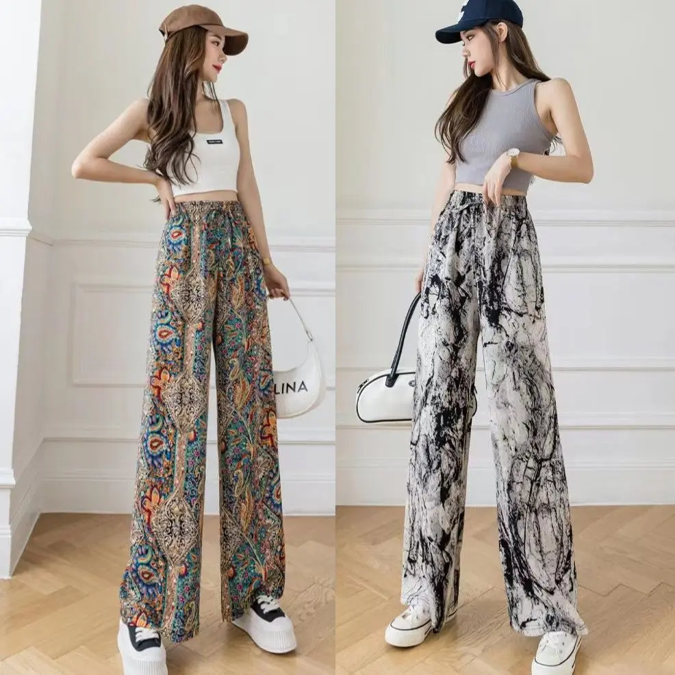 

Printed casual trousers 2023 New Vintage Plaid Thin Pants Women High Waist Wide Leg Trousers Summer Loose Casual Female Fashion