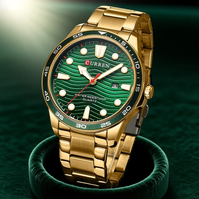 CURREN Trendy 46mm Men's Watch Green Dial with Luminous Sporty Stainless Steel Band Quartz Wristwatch Auto Date