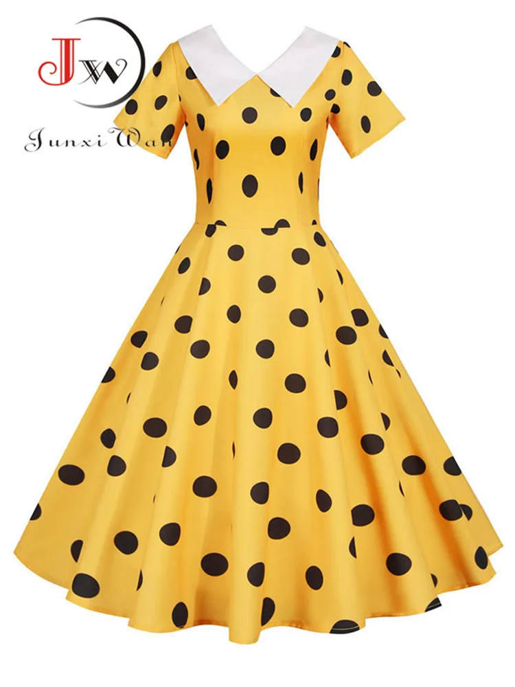 Women Summer Yellow Polka Dot Short Sleeve Peter Pan Collar Elegant