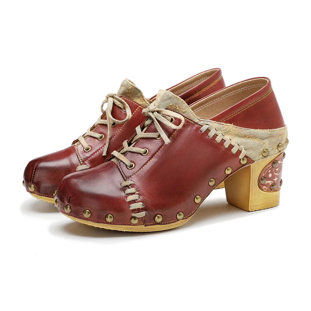 

YourSeason Genuine Leather Ladies Vintage High Heels Shoes Autumn Spring Rivet Round Toe Women Thick Heel Comfortable Pumps