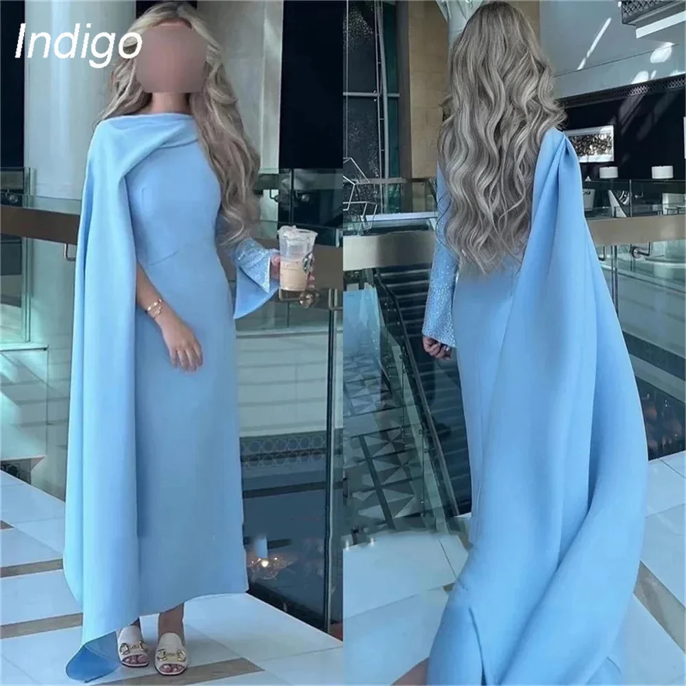 

Indigo Prom Dresses 2024 Mermaid Long Sleeve O-Neck Beading Satin Shawl Split Ankle-Length Evening Gowns For Women فساتين الس