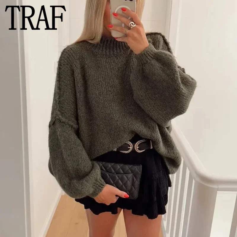 TRAF Oversize Sweater Woman Vintage Knitted Sweater Women Long Sleeve Autumn Knit Top Streetwear Winter Jersey Woman Pullover