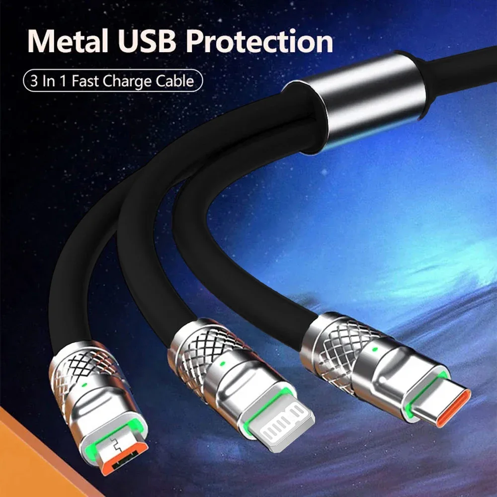 3 In 1 120W iPhone 용 고속 충전 케이블 코드 Huawei poco 6A USB 유형 C 충전기 데이터 케이블 멀티 포트 마이크로 Usb 충전 와이어