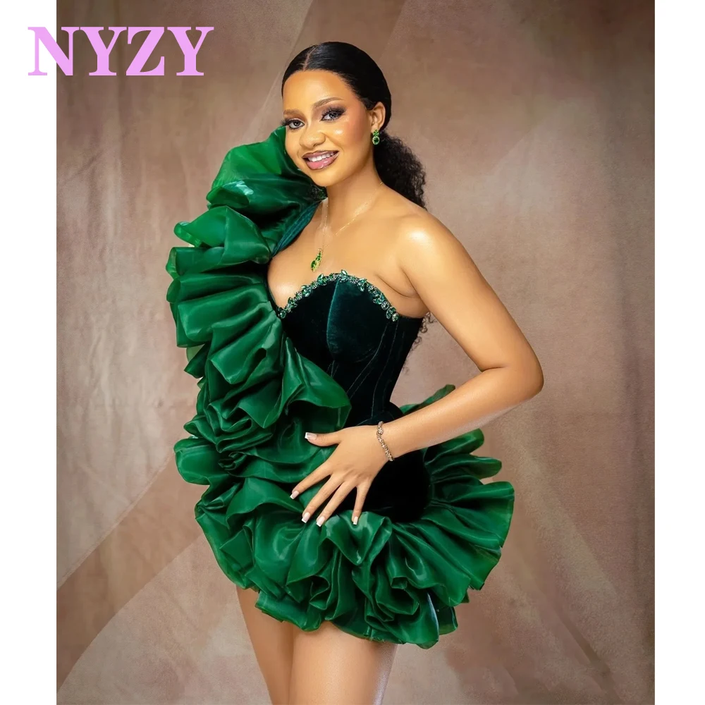 NYZY C392 Emerald Green Party Cocktail Dresses Velvet Organza Ruffles Africa Short Evening Gowns