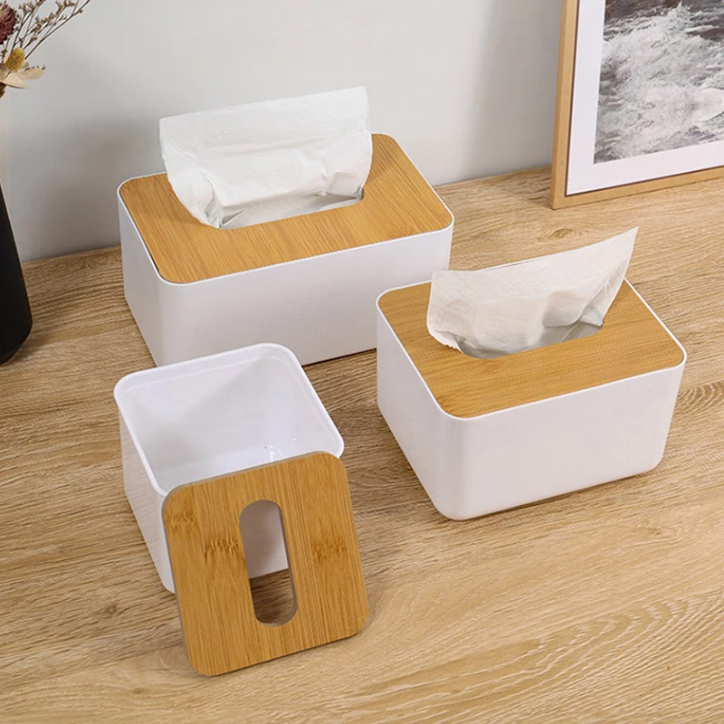 Plastic Tissue Box Wooden Lid Square Napkin Holder Container Wet Tissue Paper Dispenser Case Modern Home Car Organizer 4