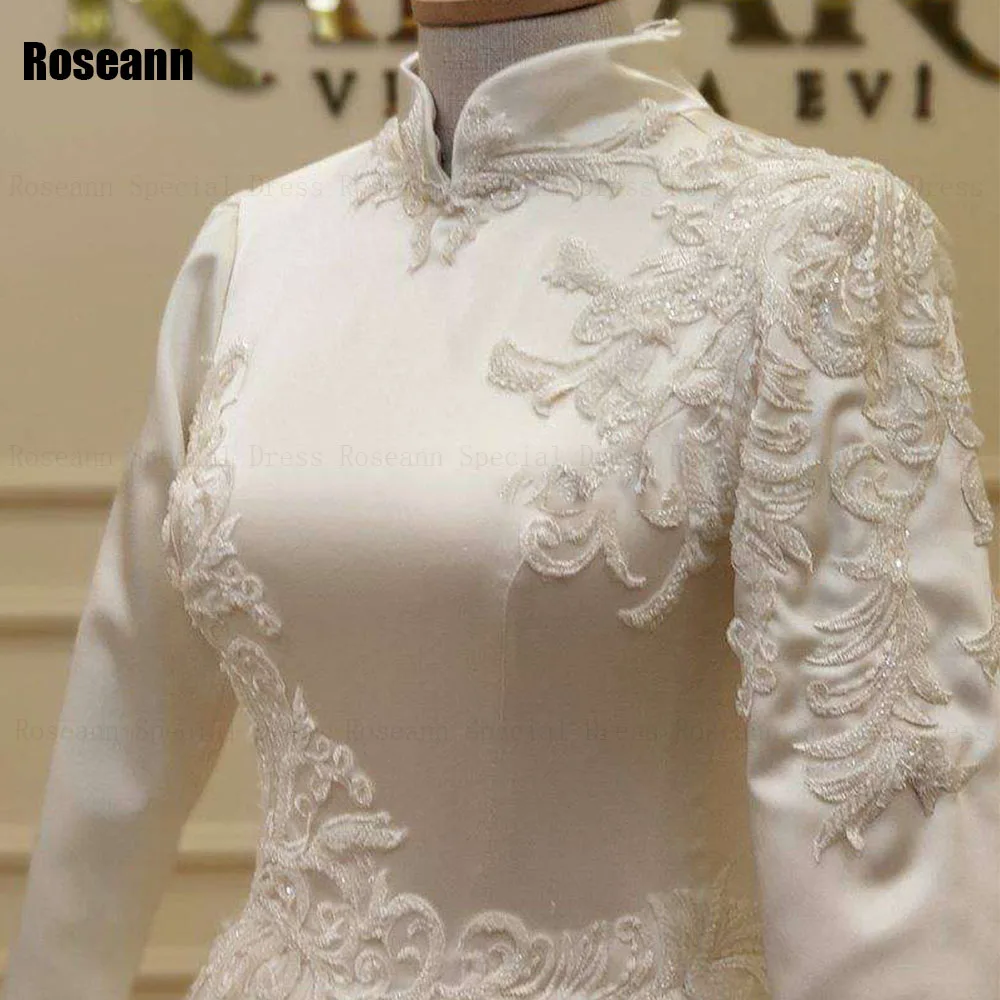 Muslim High Collar A-line Wedding Dresses Full Satin Applique Draped Pleat Floor Length Bride Dress Brush Train robe de mariée 3