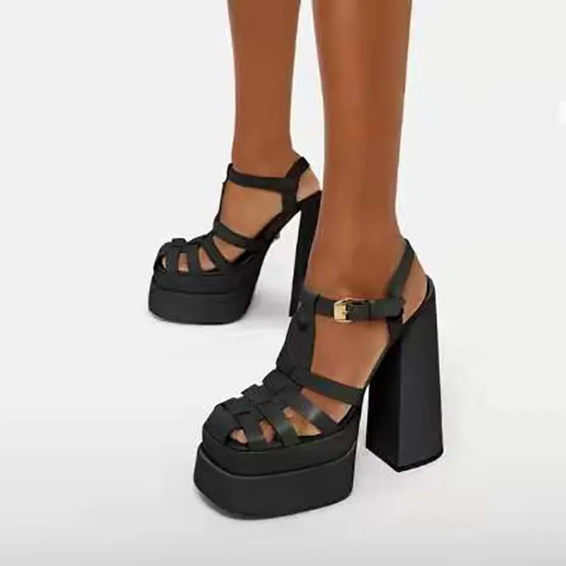 

Thick Soled Platform Women's Sandals Black Leather Rome Summer Casual Beach Shoes Hollow Weave Punk High Heels Sandals Ladies