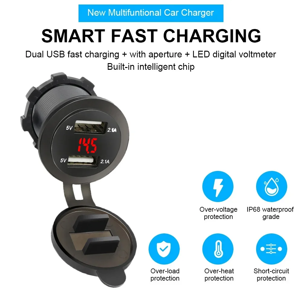 차량용 듀얼 USB 소켓 전원 플러그, LED 전압계, 모토 자동 분배기 어댑터, 4.2A 차량용 충전기, 12V, 24V