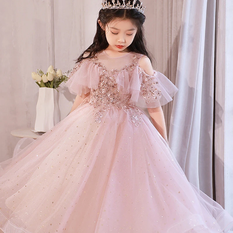 Sequins dew shoulder Kids Dresses For Party Wedding Dress Children - Main Image